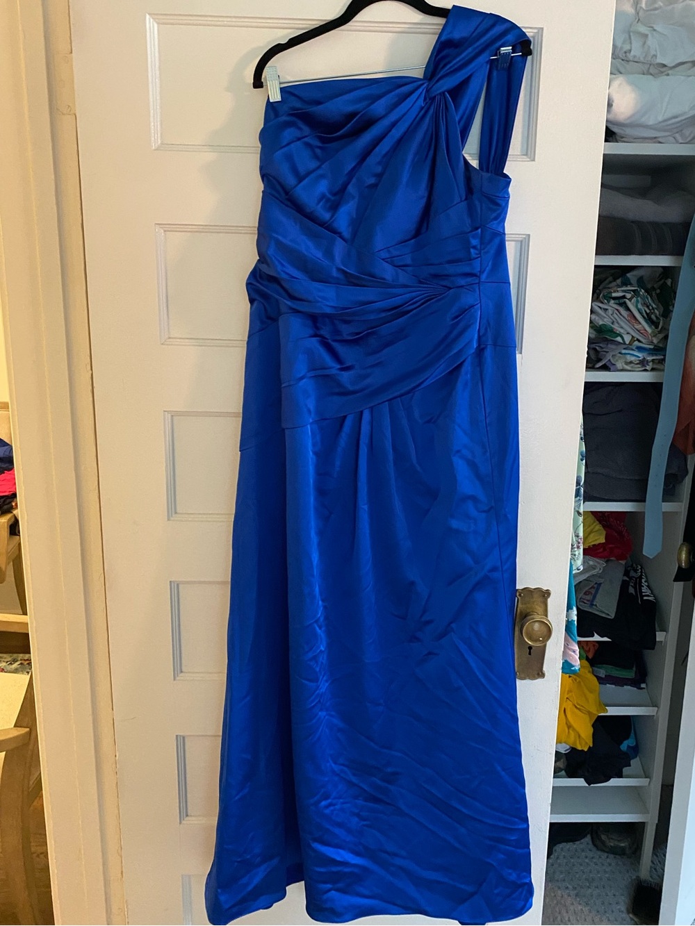 David’s Bridal Floor length one shoulder satin bridesmaid dress